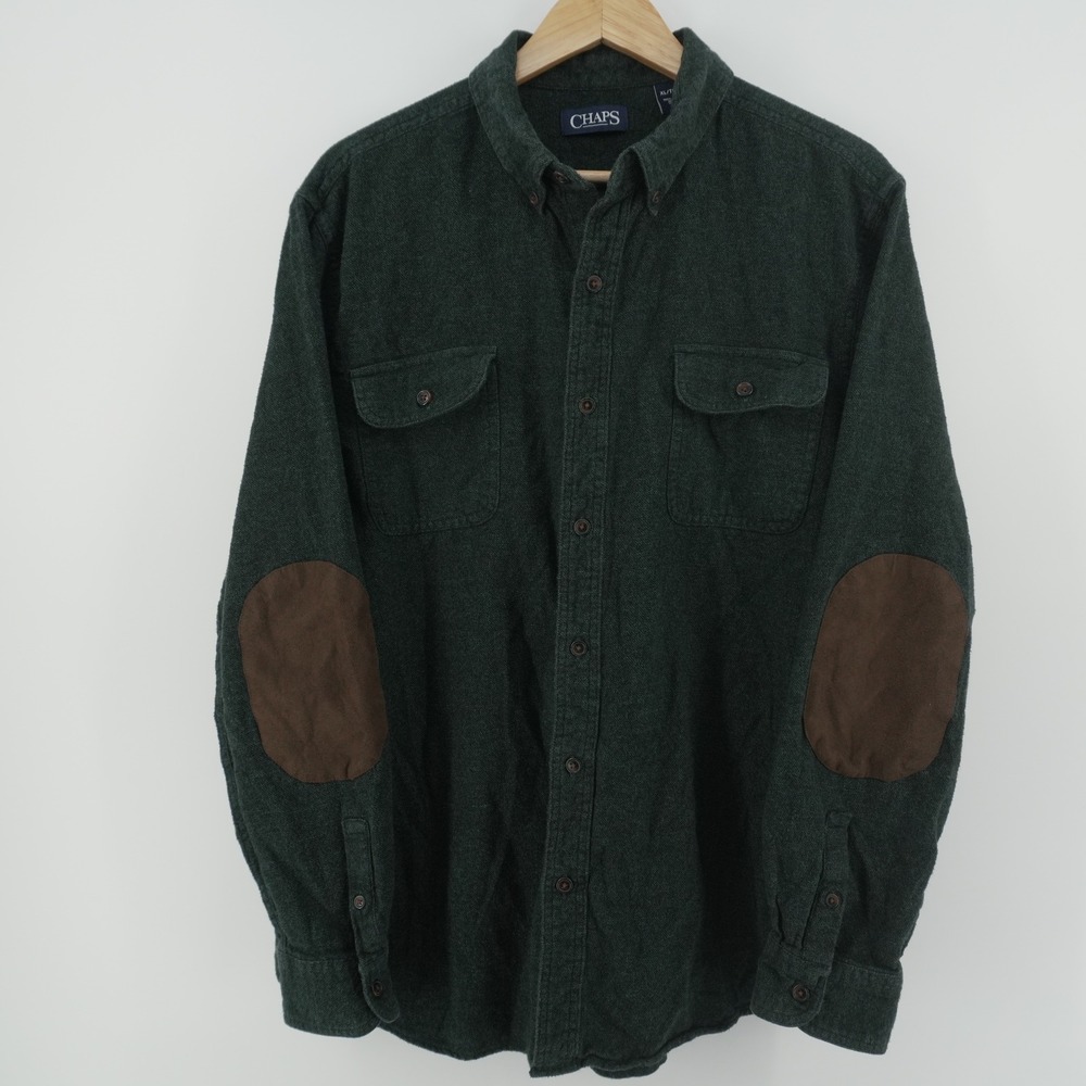 Chaps Flannel Shirt Mens XL Green Elbow Patches Button Down Cotton Long Sleeve
